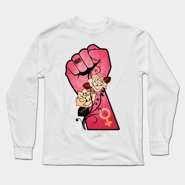 Vintage Rose Resist Hands Up Fist Women's Rights Long Sleeve T-Shirt by porcodiseno